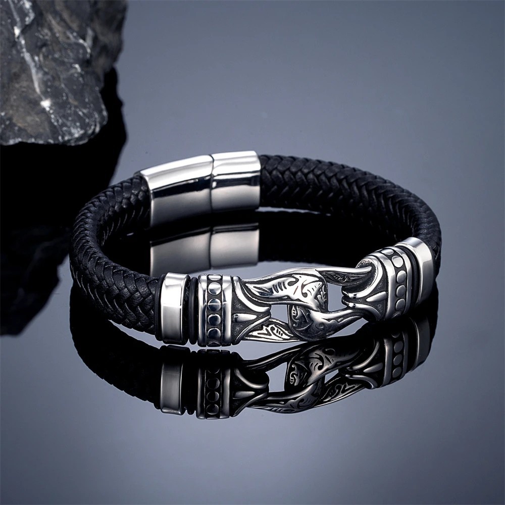 Handmade Leather Viking Bracelet Men Stainless Steel Wrap Cuff Magnetic Clasp