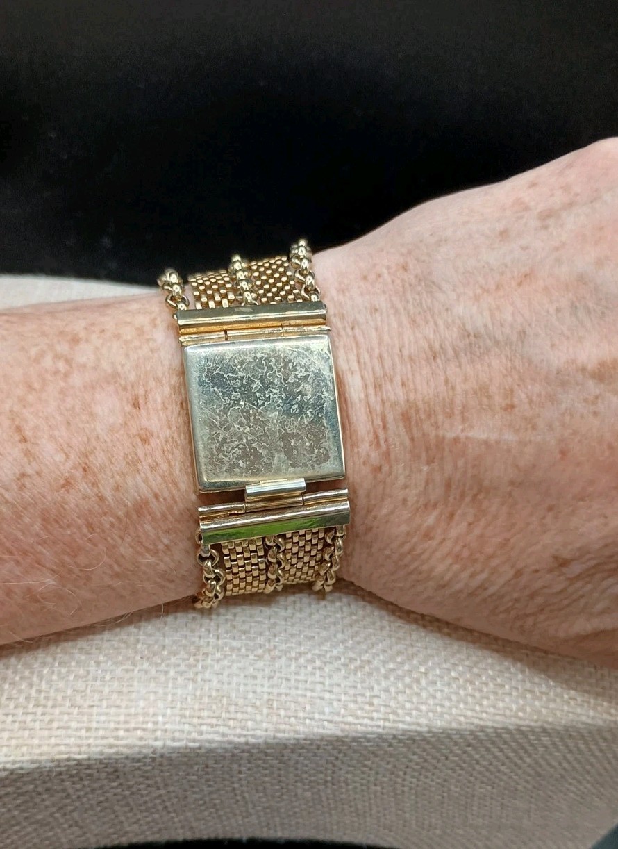 Vintage Reinad Gold Tone Mesh Wide Bracelet 7.5″ Multi Strand Push Lock