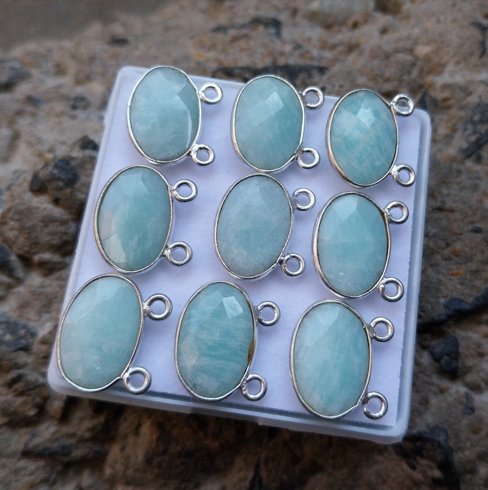 925 Sterling Silver 12 to 16 MM Amazonite Oval 9 Piece Double Loop Pendant