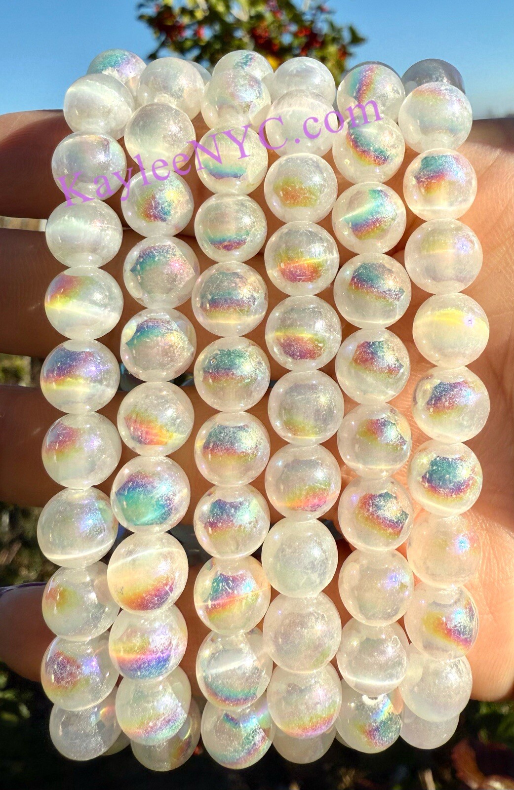 Wholesale 6 Pcs Angel Aura Selenite 8mm 7.5” Crystal Stretch Bracelet
