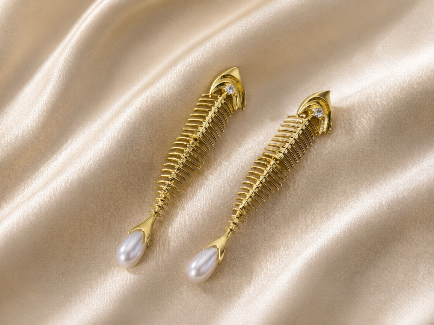 Fish Bone Earrings Pearl Skeleton Long Gold Boho Stud Zara Statement CZ Boho VTG