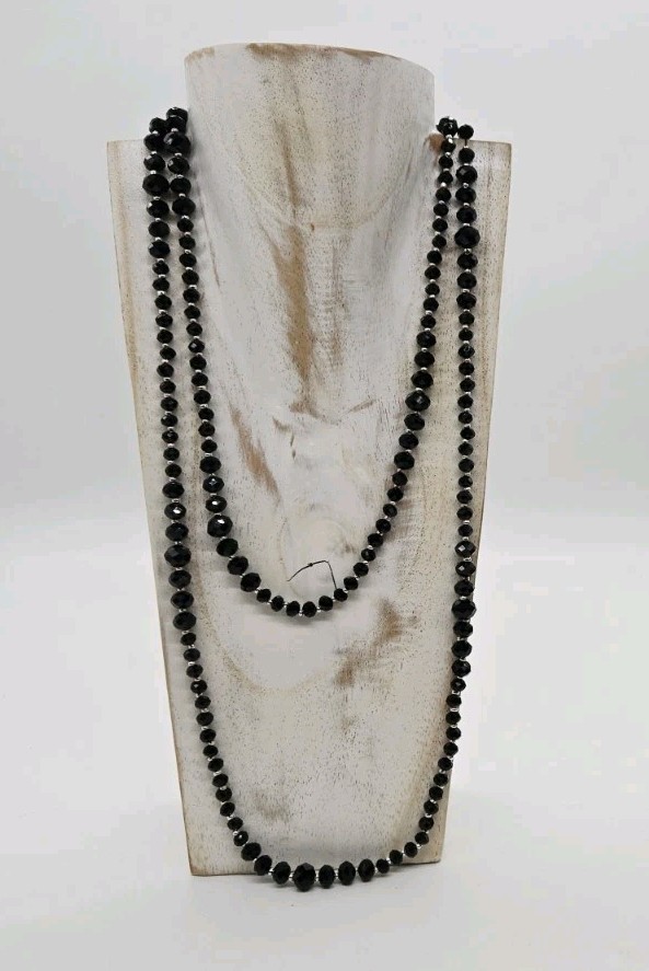 White House Black Market WHBM Silver tone Black Beaded Necklace 52 in Disco