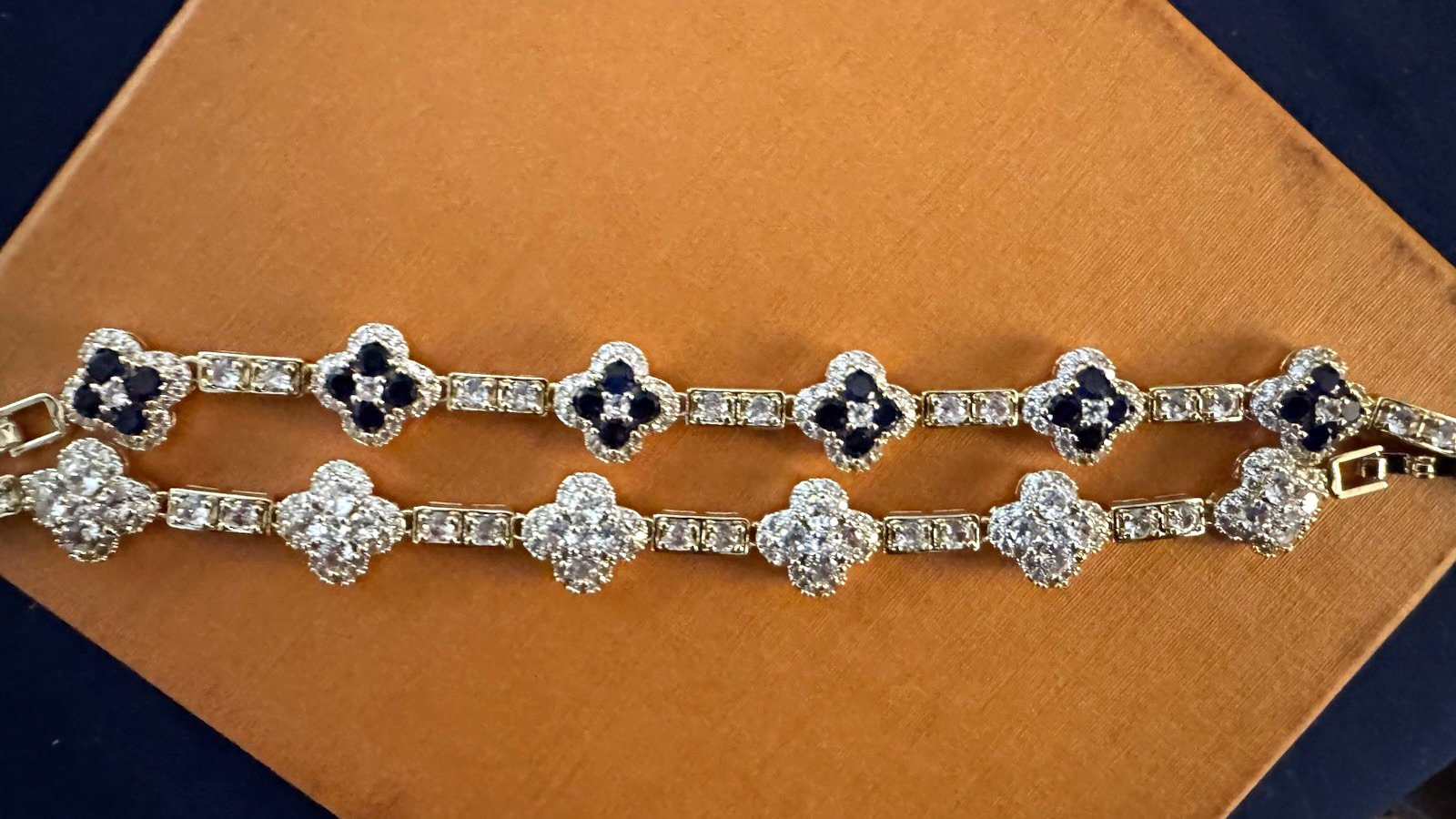 14k White Gold Plated Clover Station Tennis Chain Bracelet Diamond & Sapphire