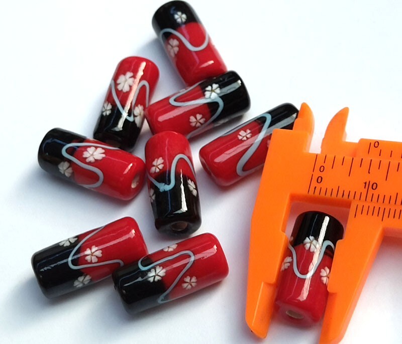 10pcs handmade Lampwork glass red black flower cylinder beads 10*20mm