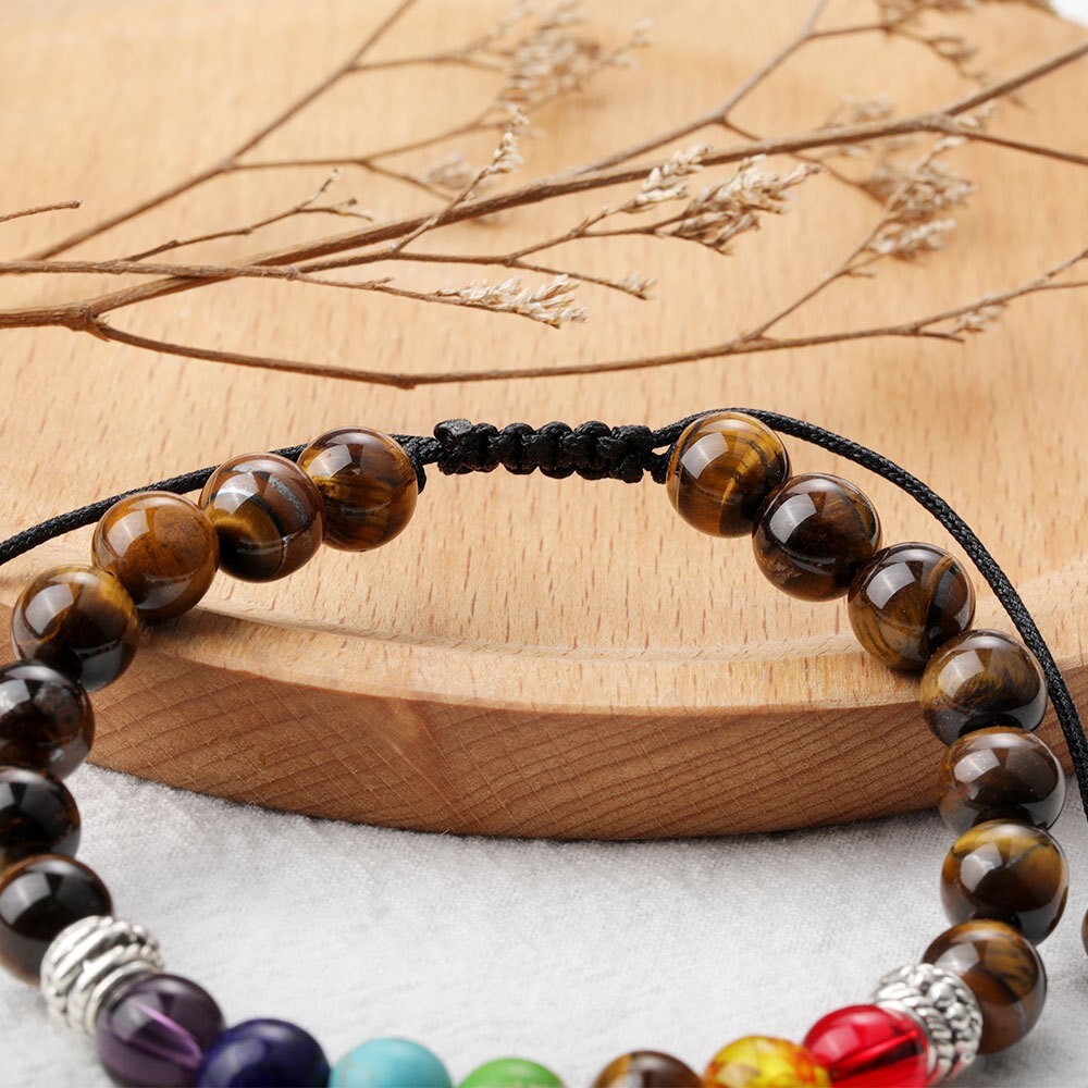 7 Chakra Stone Tiger’s Eye Beaded Healing Grounding Strength Women Men Bracelet