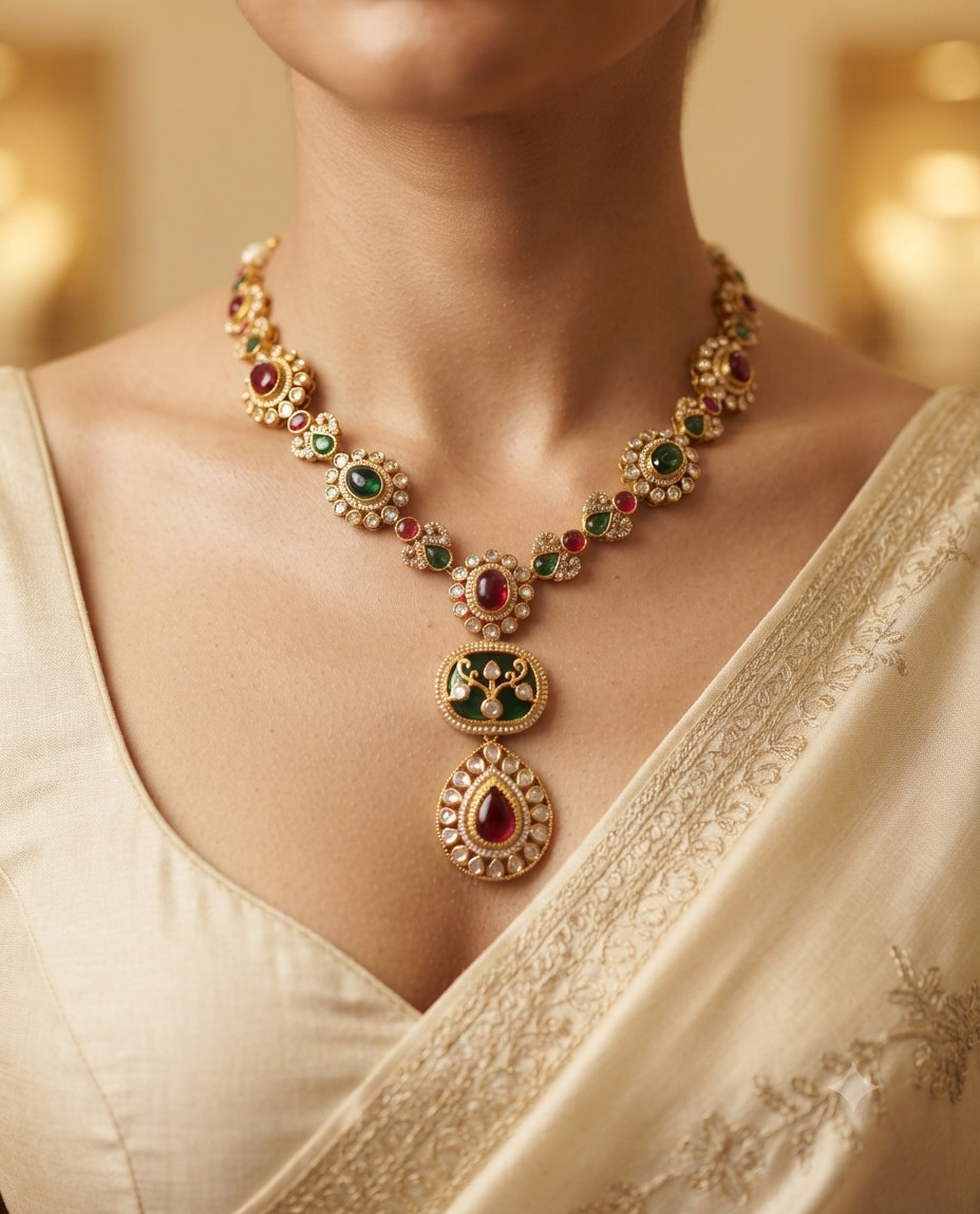 Farah Royal Ruby and Emerald Necklace Set of Kundan for Festive Roz Jewellers.