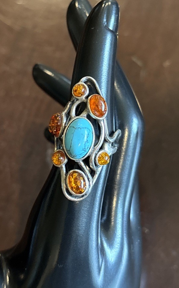 925 Southwestern Turquoise & Amber ring size 6