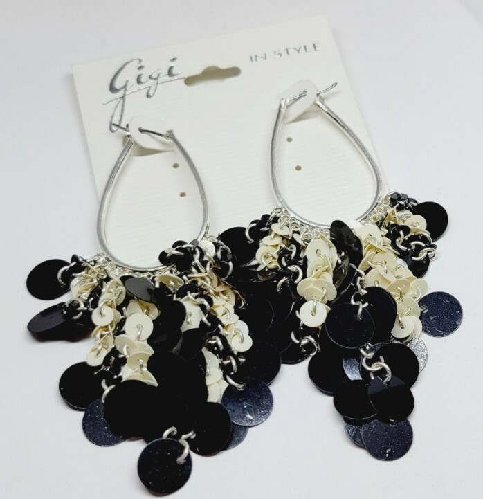 Gigi In Style Black & White sequin Design OVAL Hoop Dangle Earrings 3.75 in Drop