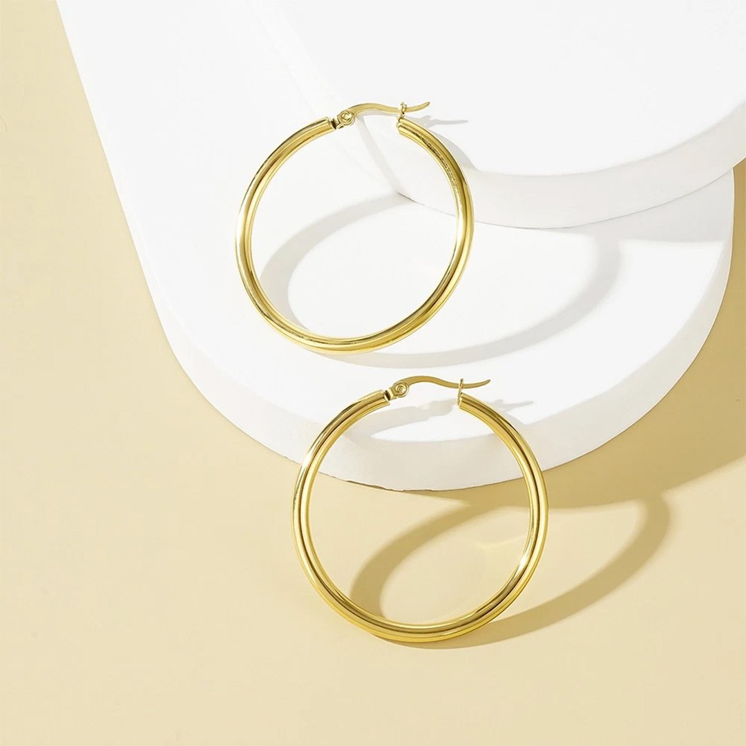 35mm 14K Real Solid Yellow Gold Shiny Polished Round Creole Hoop Earrings Gift