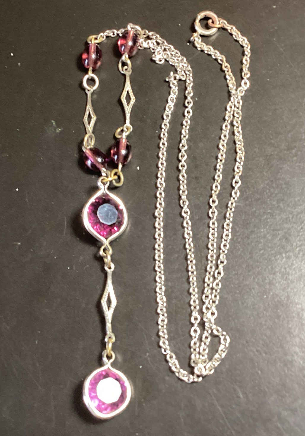 Vintage Faux Amethyst Center Glass Stone Necklace With Silver Colored Chain