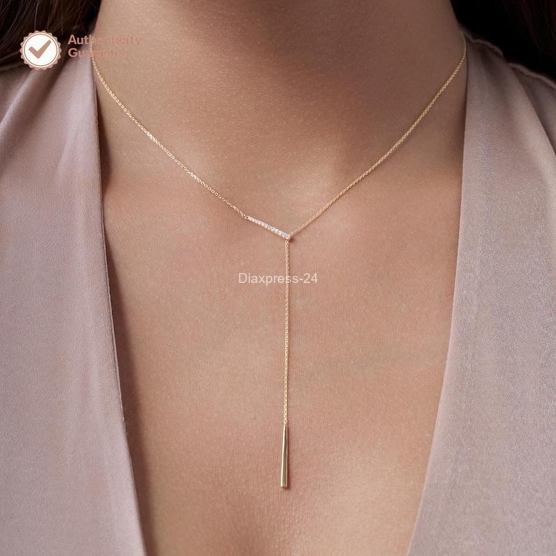 14k Yellow Gold Round Natural Diamond Unique Dangel Dainty Necklace For Wedding