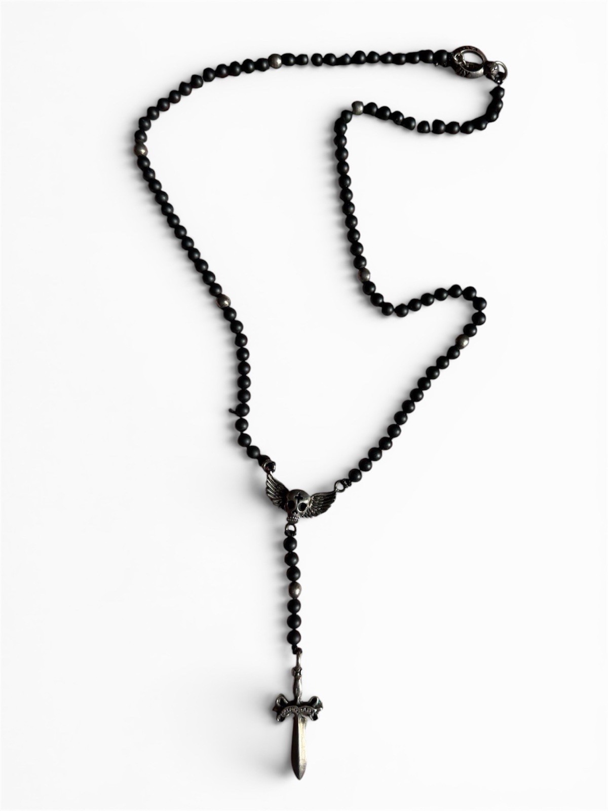 King Baby USA 925 Sterling Silver Skull Wing & Dagger Beaded Necklace