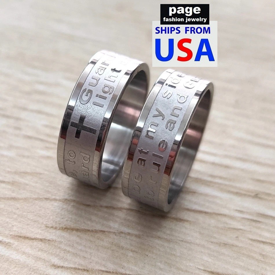 1pc Etched Guardian Angle Prayer Stainless Steel Jesus Religion Ring Size 6-12