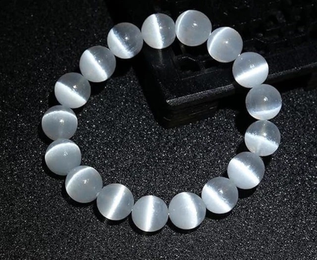 White Selenite Cat Eye Beaded Bracelet Purity Protection Gift For Women Men 8mm