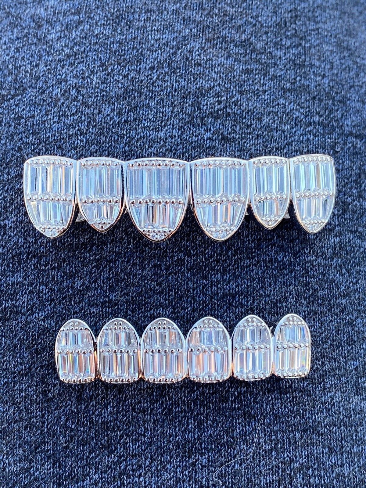 Real Solid Hip Hop 925 Sterling Silver Grillz Baguette Diamond Iced Grills Set