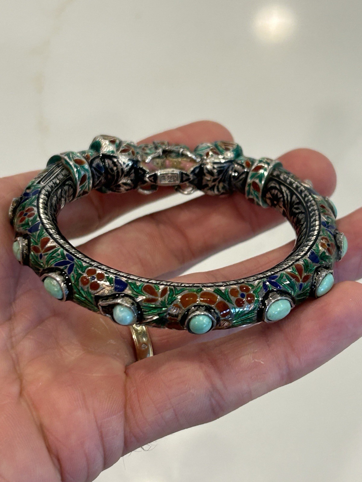 Vintage Indian Meenakari Sterling Enameled Elephant Head Bangle Turquoise AS IS