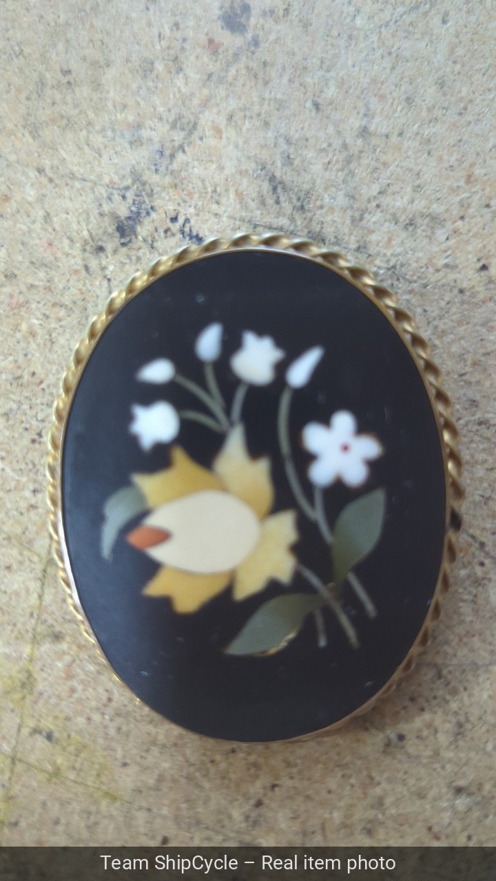 Vintage Gold Tone Floral Inlay Pietra Dura Brooch G2U