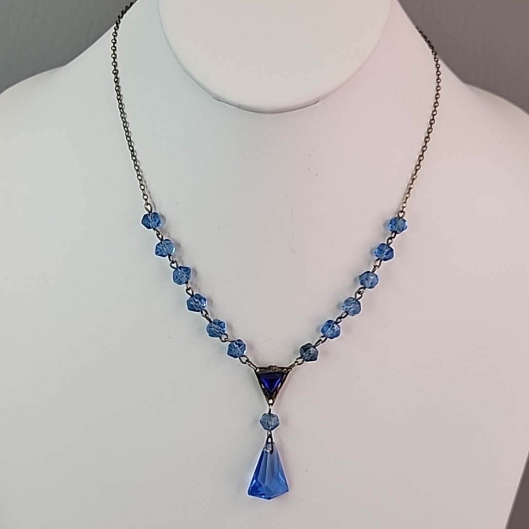 Vintage Art Deco Necklace Bracelet Set Blue Glass 16″