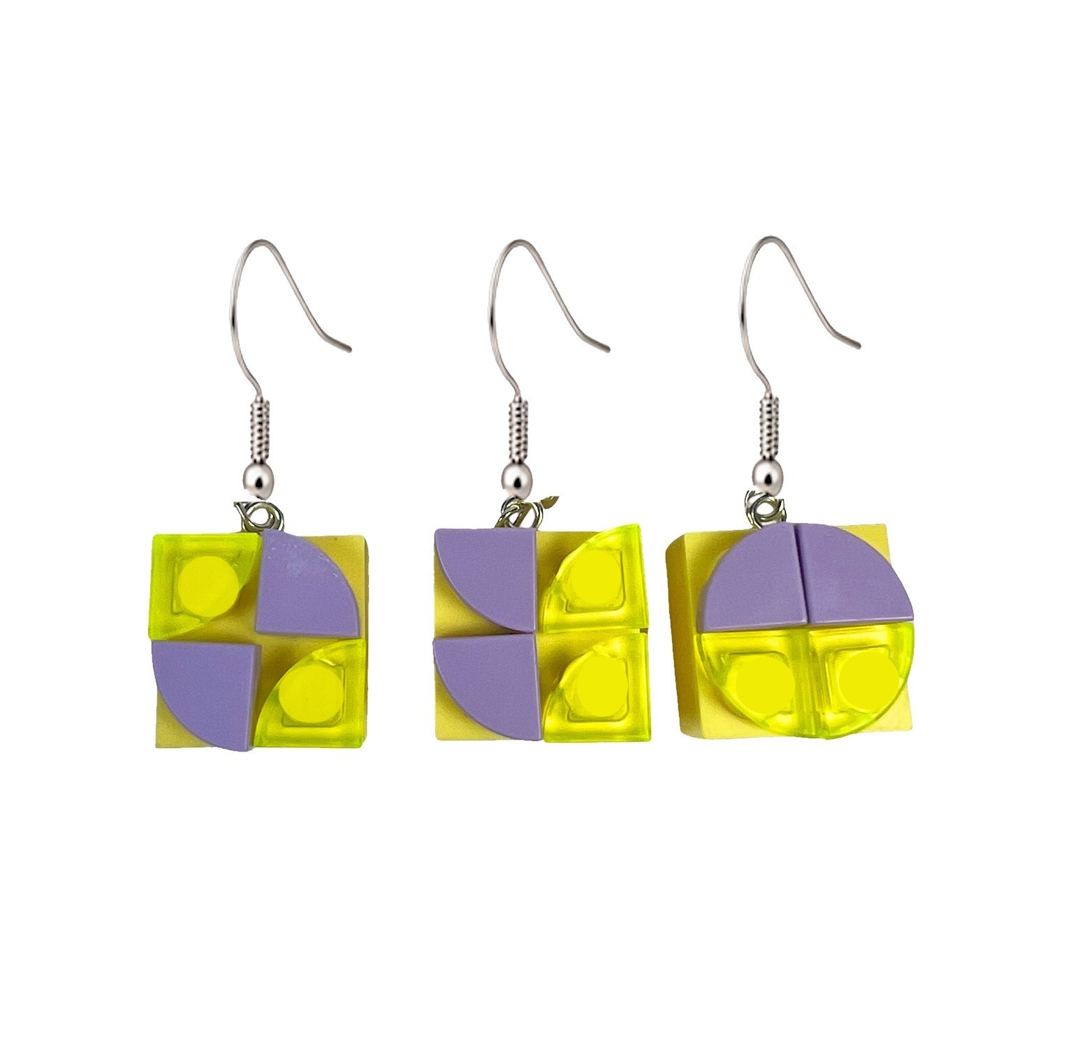 Interchangeable Building Brick Earrings, Yellow Base w/ Lavender & Yellow Pieces