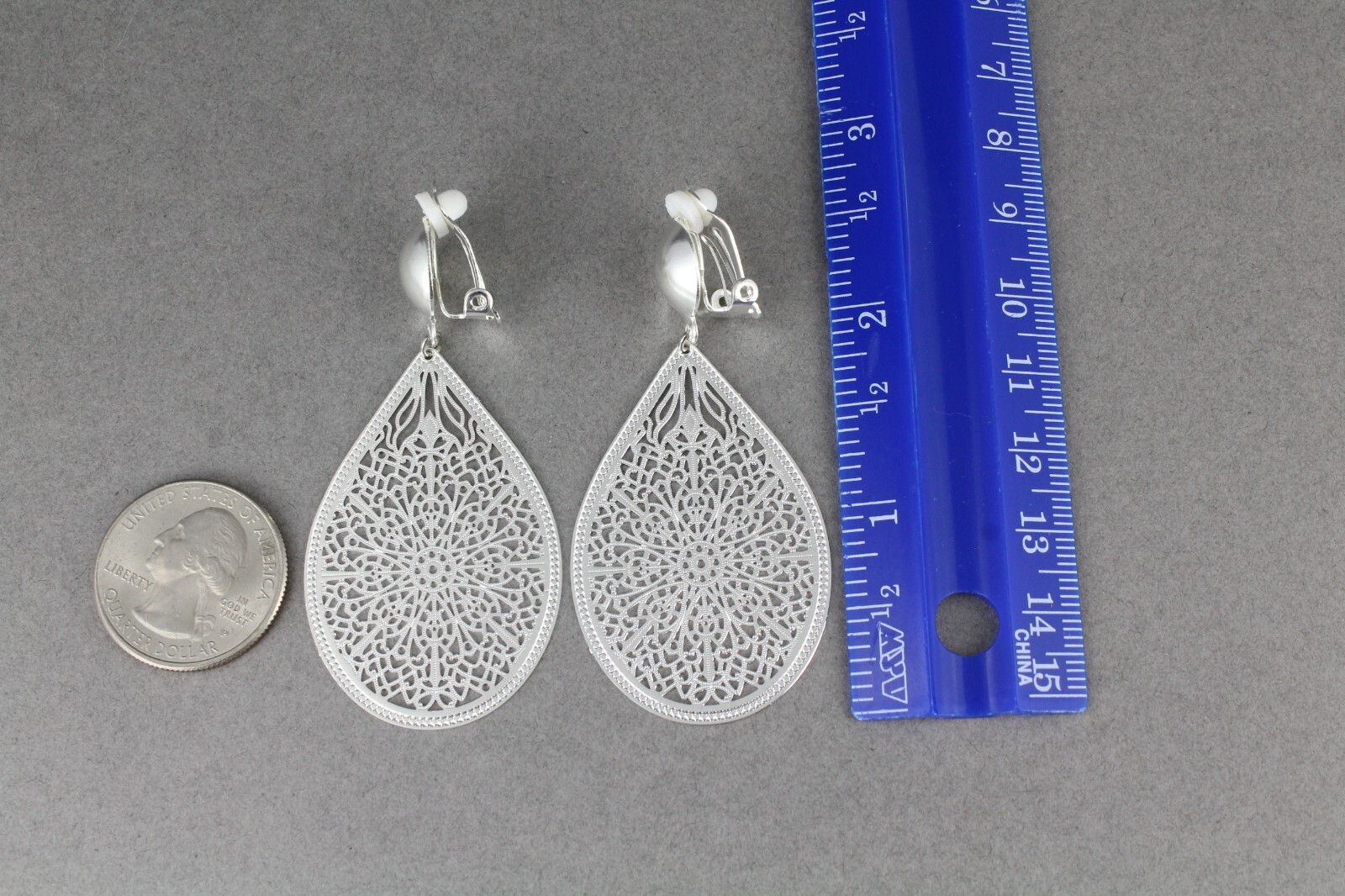 Silver Clip On earrings filigree teardrop pendant clips lightweight 2.5″ long