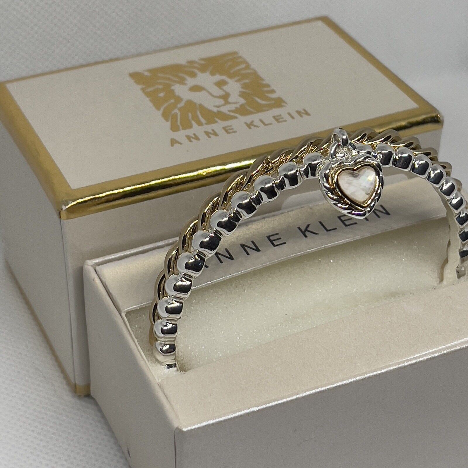 Anne Klein Gold Tone Bracelet (2 Piece Set) Crystal Heart Bangle Style Chic NWT