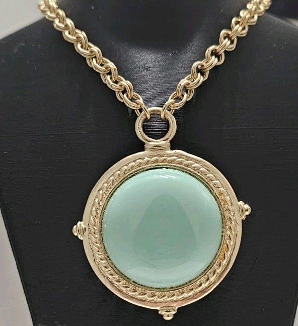 Chico’s Reversible Faux Turquoise Gold Tone Turtle Medallion Necklace Boho Coin