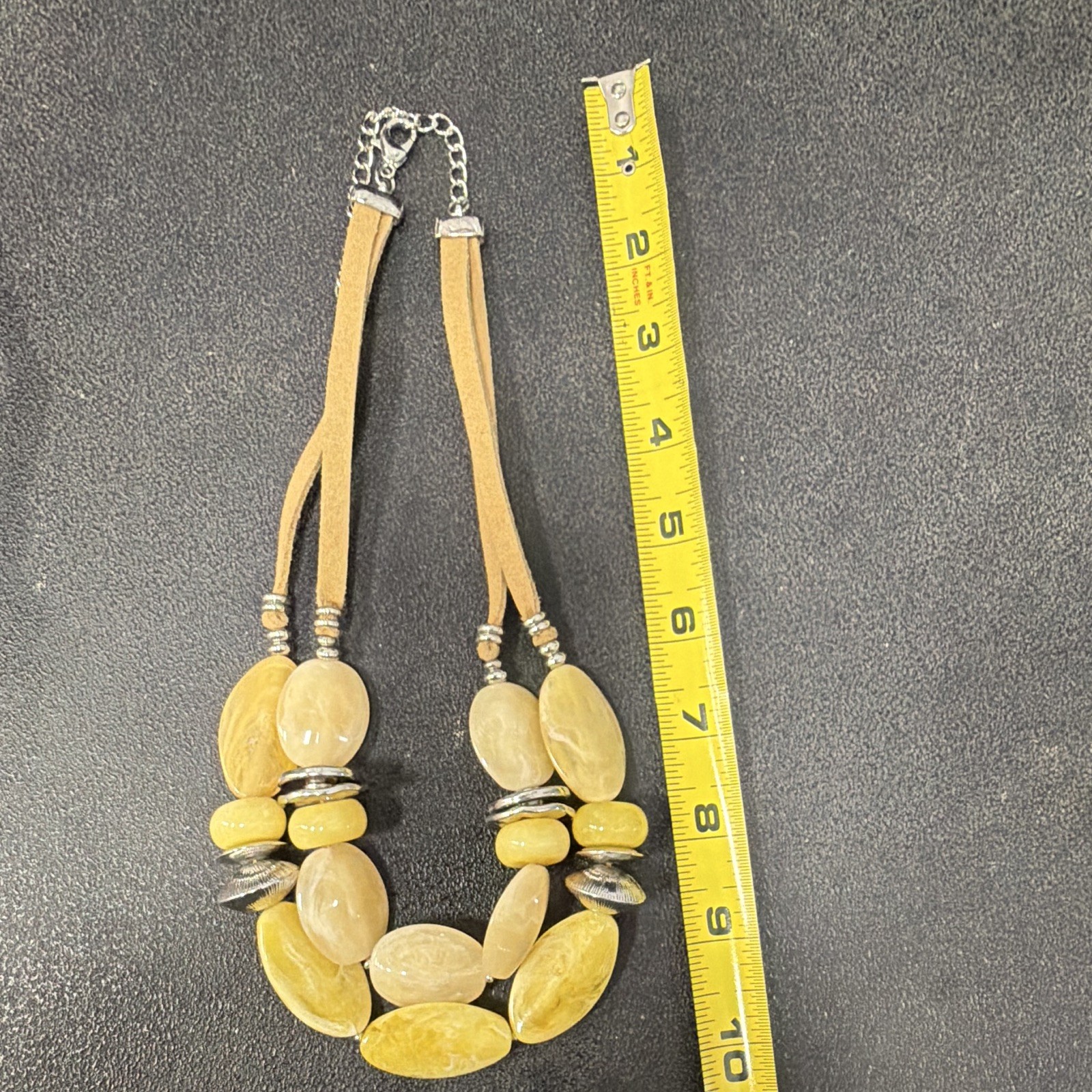 Boho Multi Strand Statement Necklace Faux Stone Beads Suede Cord Silver Tone