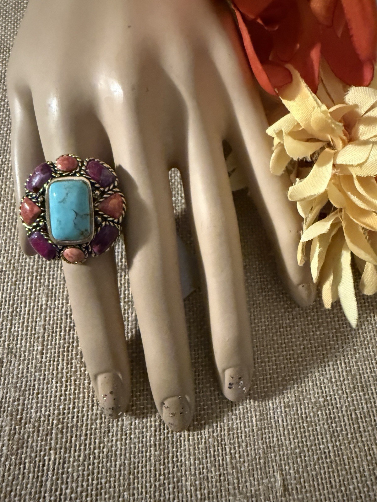 Barse Turquoise Orange Sponge Coral Purple Turquoise Golden Bronze Ring 8 NWT