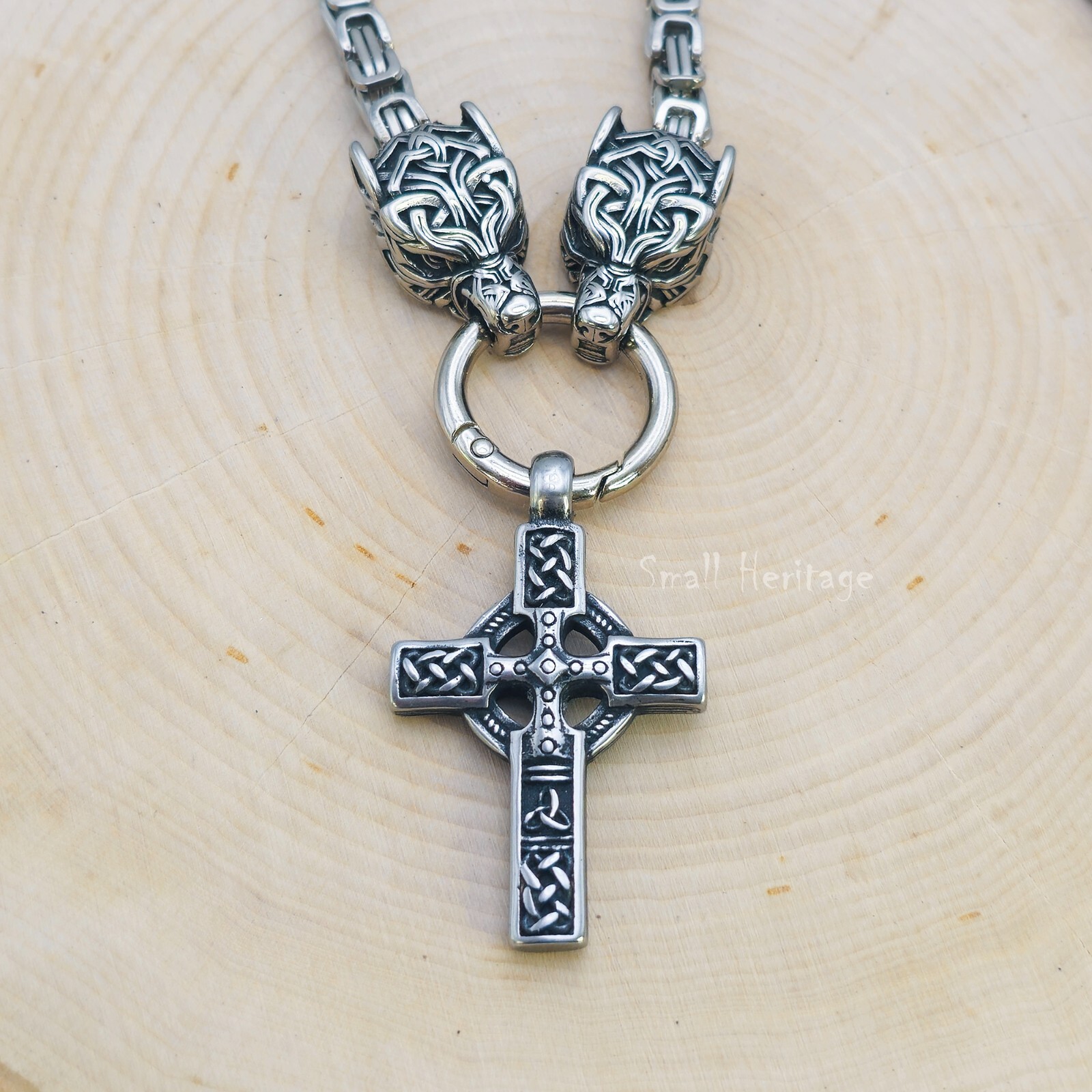 Large Wolf Cross Necklace – Heavy Stainless Steel Celtic Viking Pendant for Men