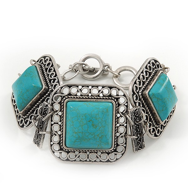 Vintage Turquoise Stone Square Filigree Bracelet With Toggle Clasp -18cm Length