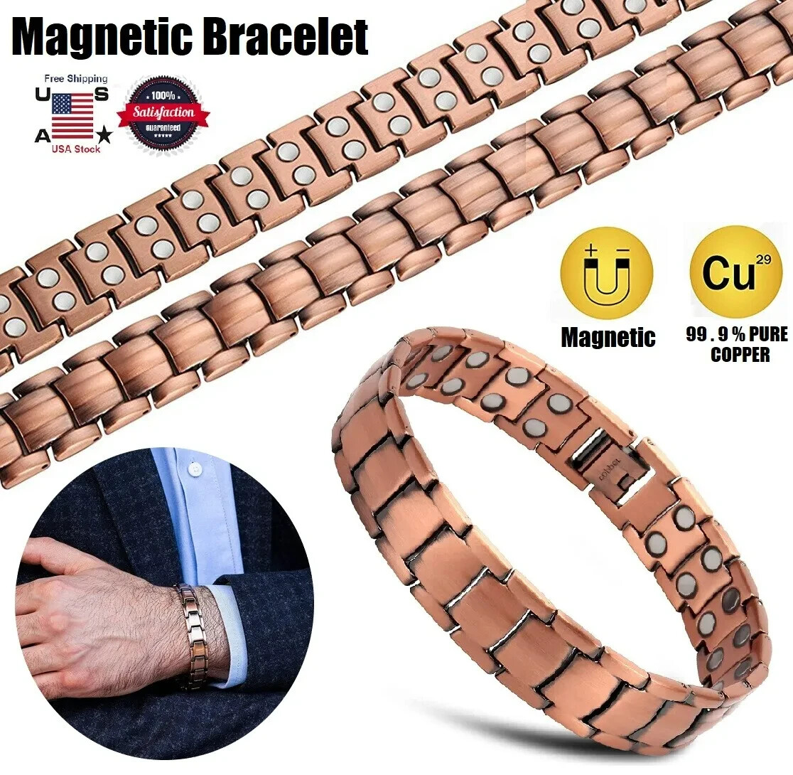 Men Copper Wide Double-Row Strong Magnetic Bracelet 99.9% Copper Bracelet 8″