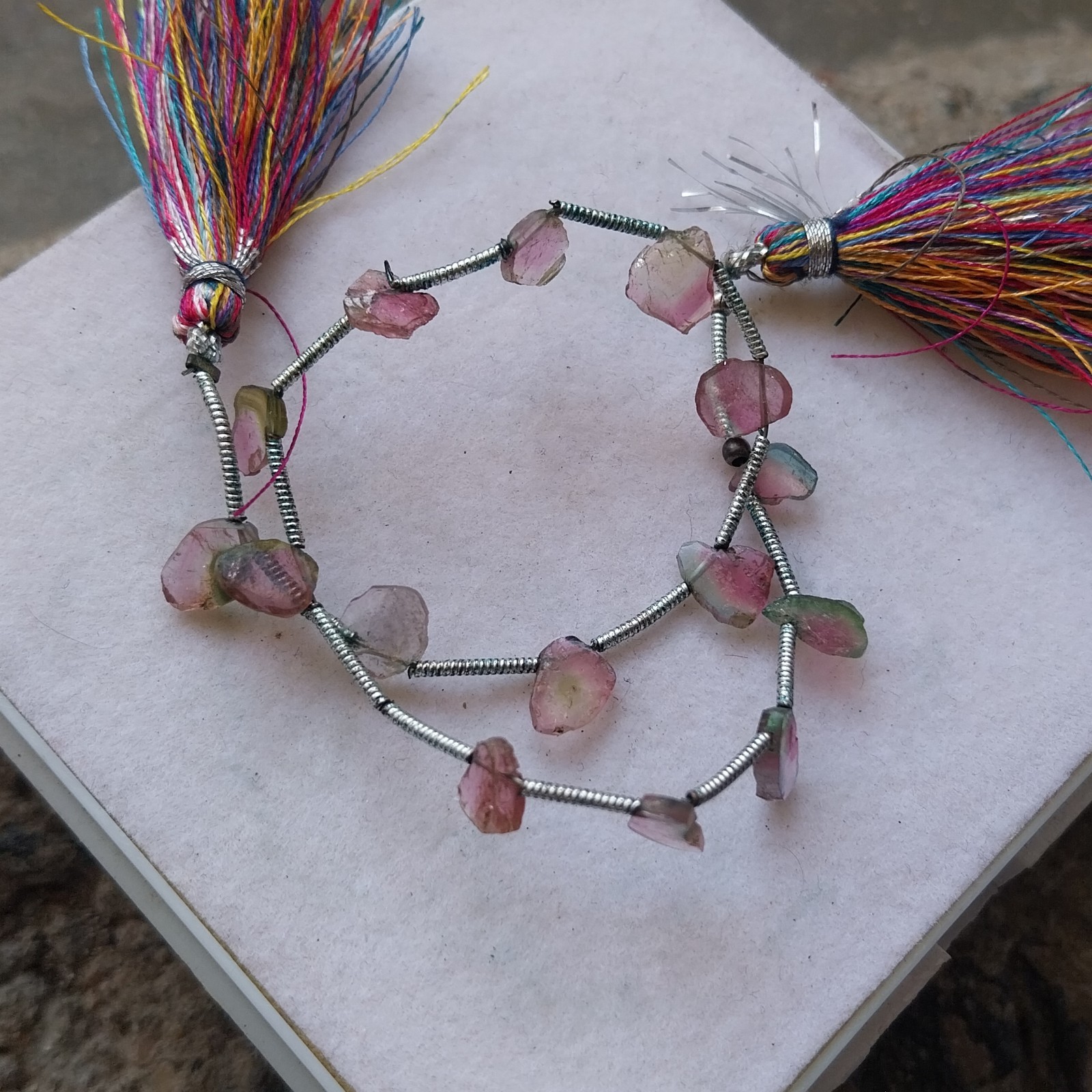 15 Carat Natural Watermelon Pink Bi-Color Tourmaline Slice 8 Inch Necklace