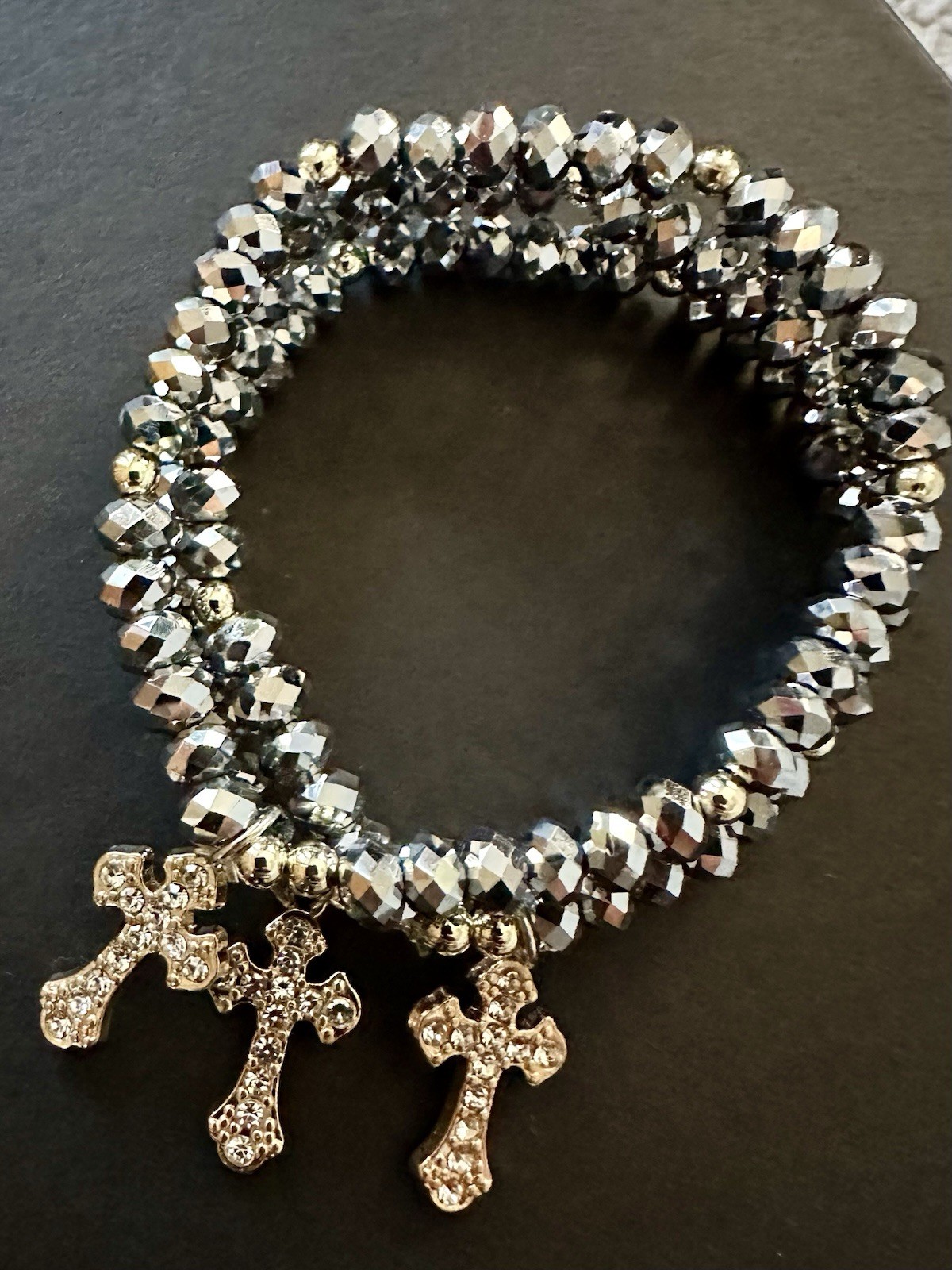 Set of 3 Silver Gray Crystal Faceted Bead Stretch Bracelets Cross Dangle