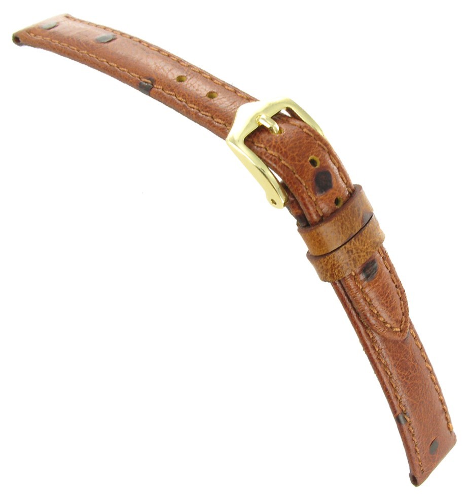 12mm Gilden Genuine Leather Ostrich Grain Honey Tan Brown Stitched Watch Band
