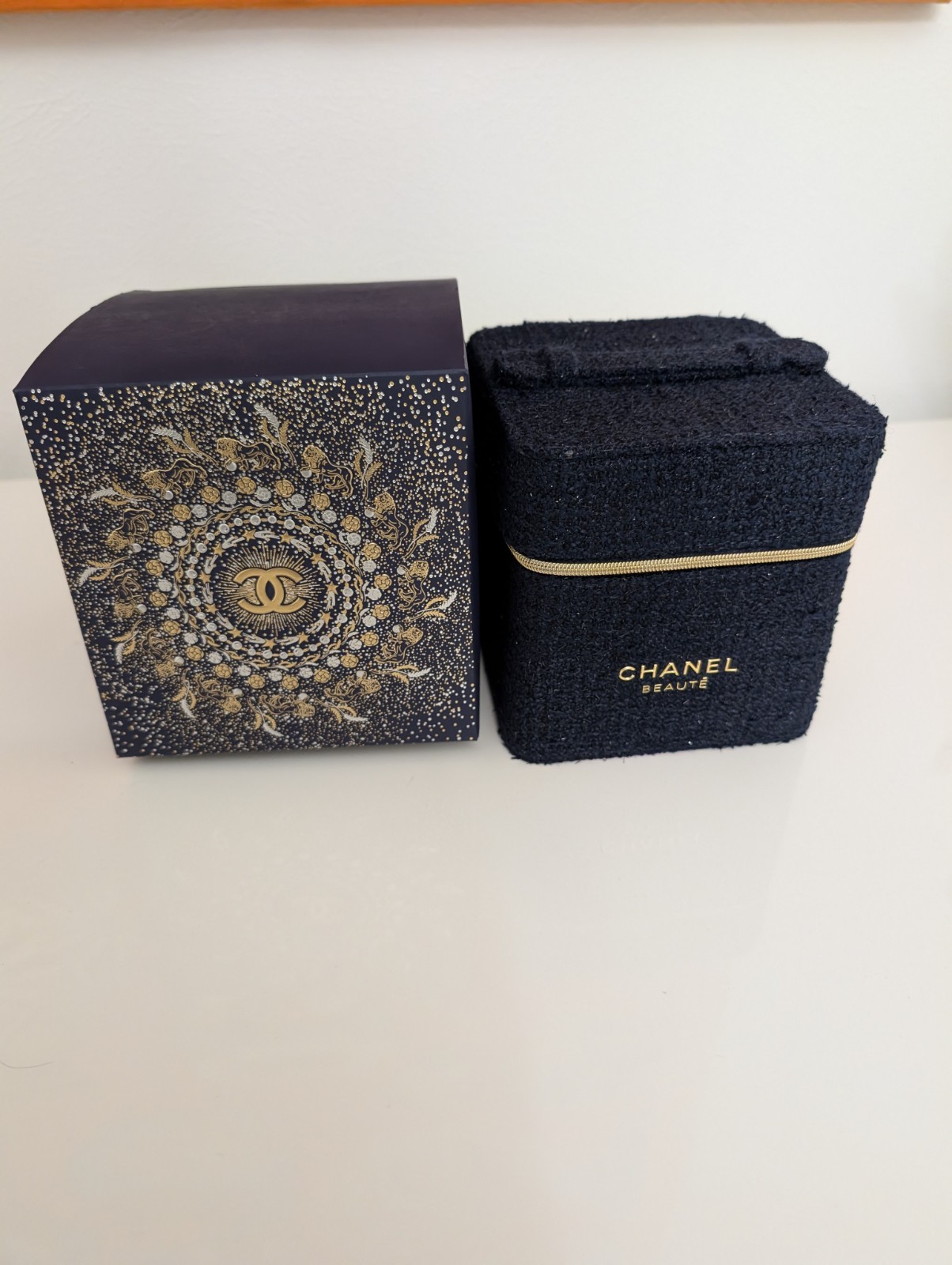 CHANEL Blue Fabric Square Jewelry Box 4x4x4 Lined Zipper w/ Gift Box