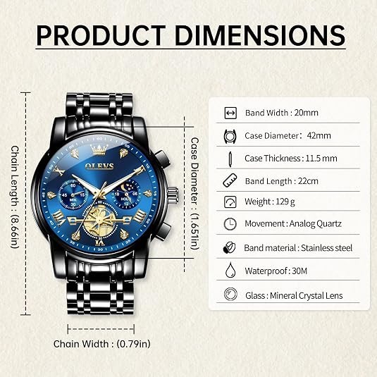 OLEVS Watches Men Stainless Steel Chronograph Watch Luxury Big Face Man Dress Wa