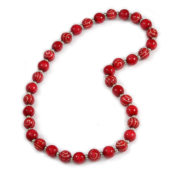 Chunky Round Wooden Bead Long Necklace/ Red/ 82cm Long
