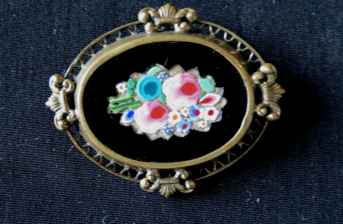 Victorian Gold Fill PIETRA DURA Micro Mosaic Floral Brooch C Clasp Pin Rare Find
