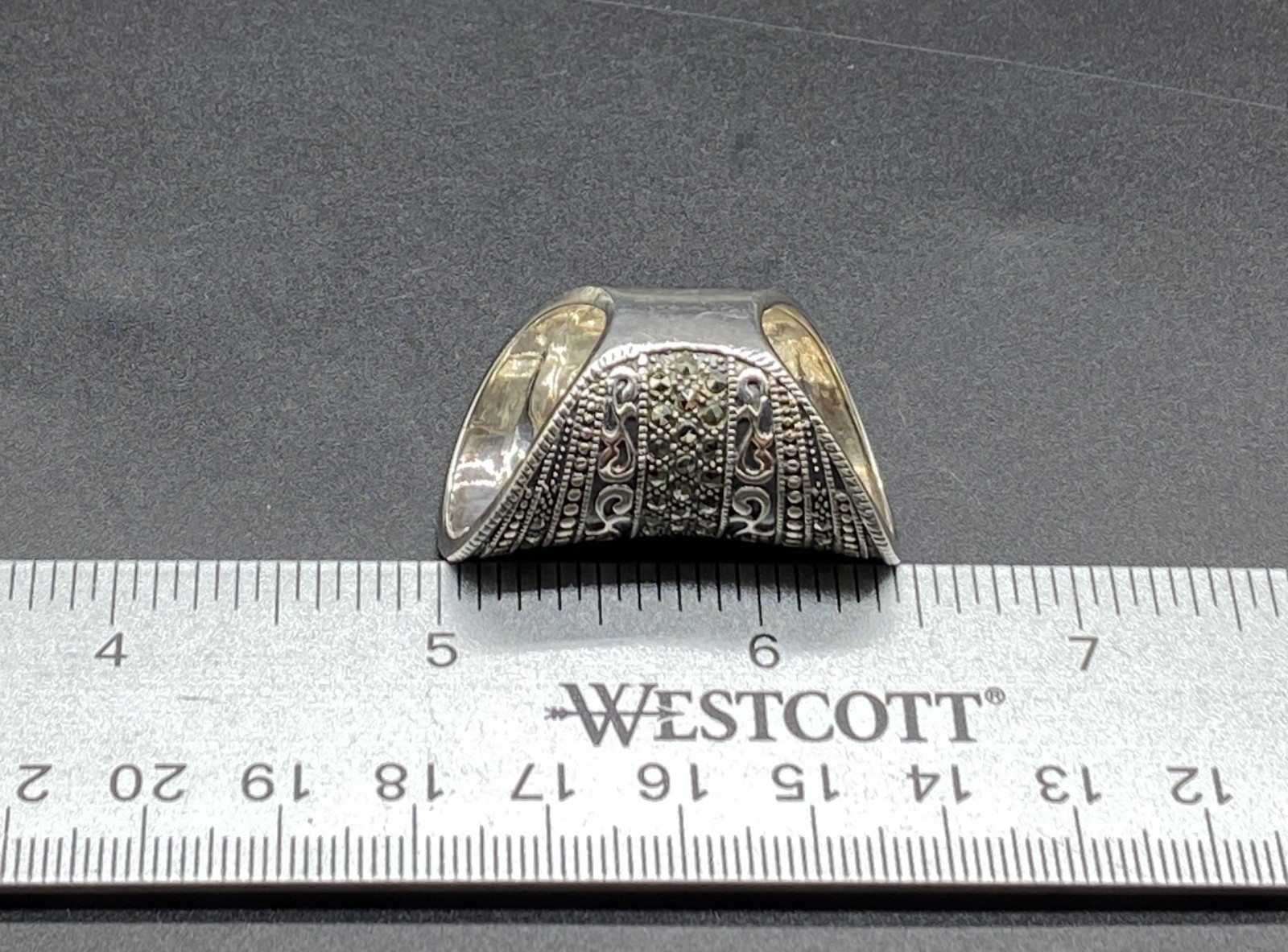 DESIGNER-Sterling Bali Style Tall Concave Marcasite Dotted Scroll Ring-SIZE 6