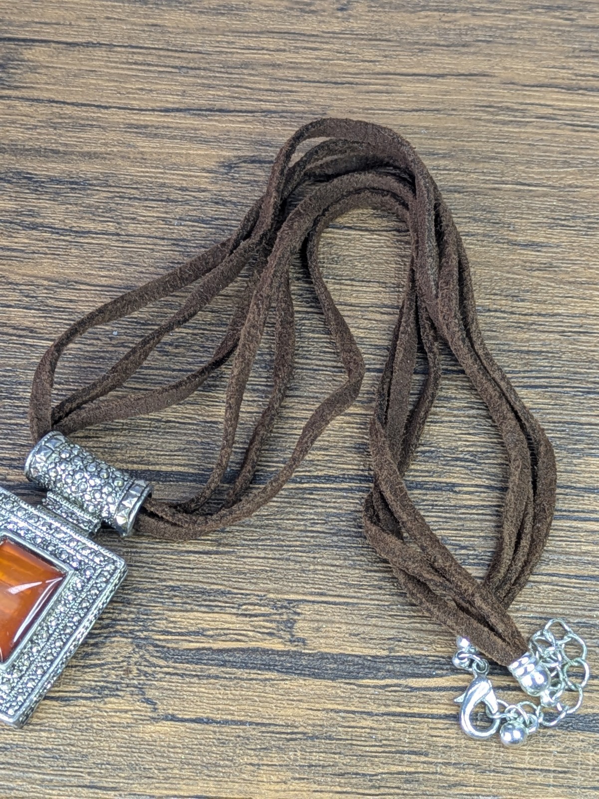 Vintage – 18″ Square Enamel Pendant Necklace, Triple Leather Stranded Chain