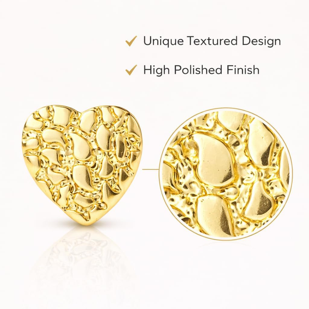 18K Gold Plated Rough Textured Heart Shape Nugget Stud Gold Earrings for Men/Wom