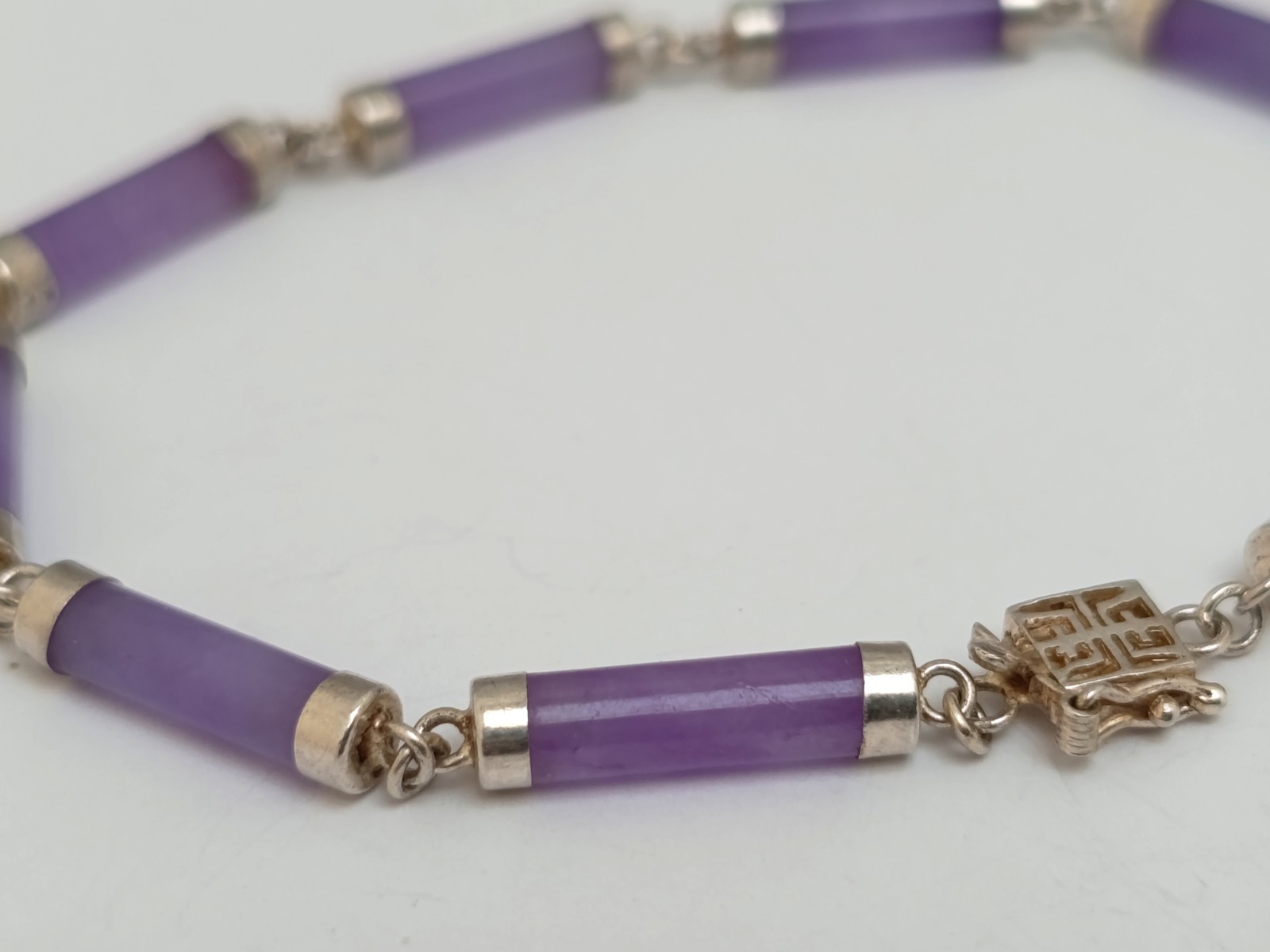 Vtg Chinese Lavender Jadeite Jade Tube Bracelet 925 Sterling Silver Shou Clasp