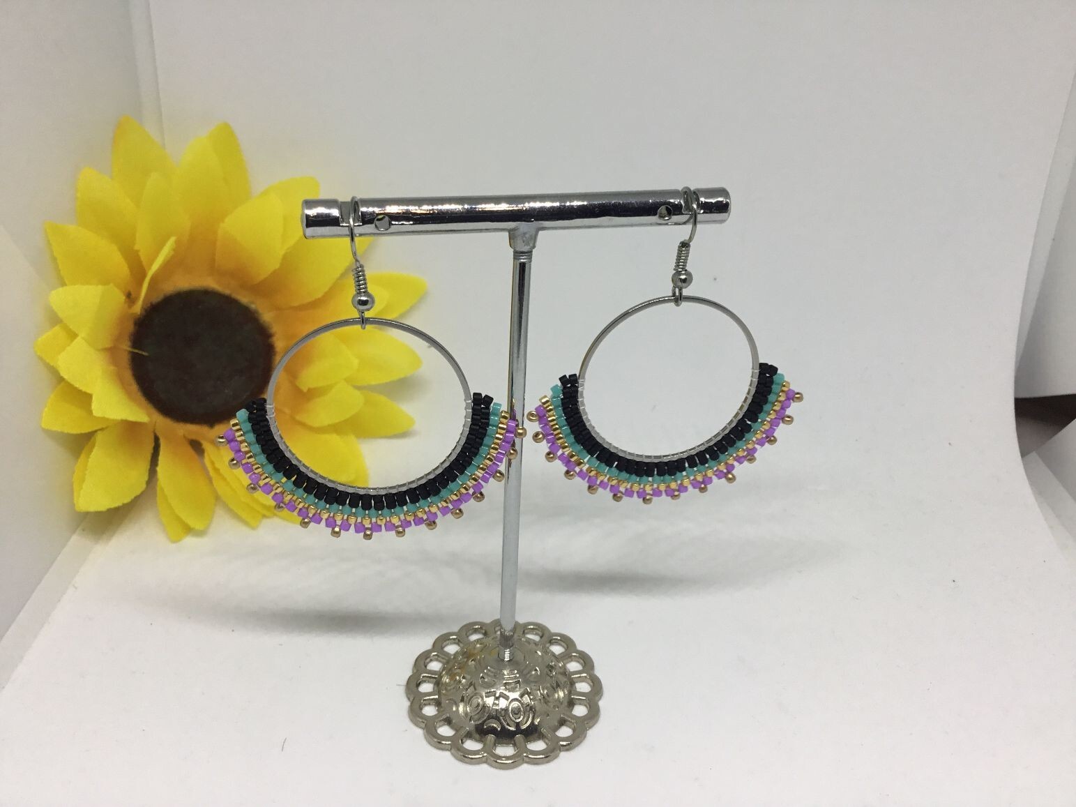 Beaded Hoop Drop Earrings, Wire Hook, Multi-Color, Miyuki Delica beads (Choose)