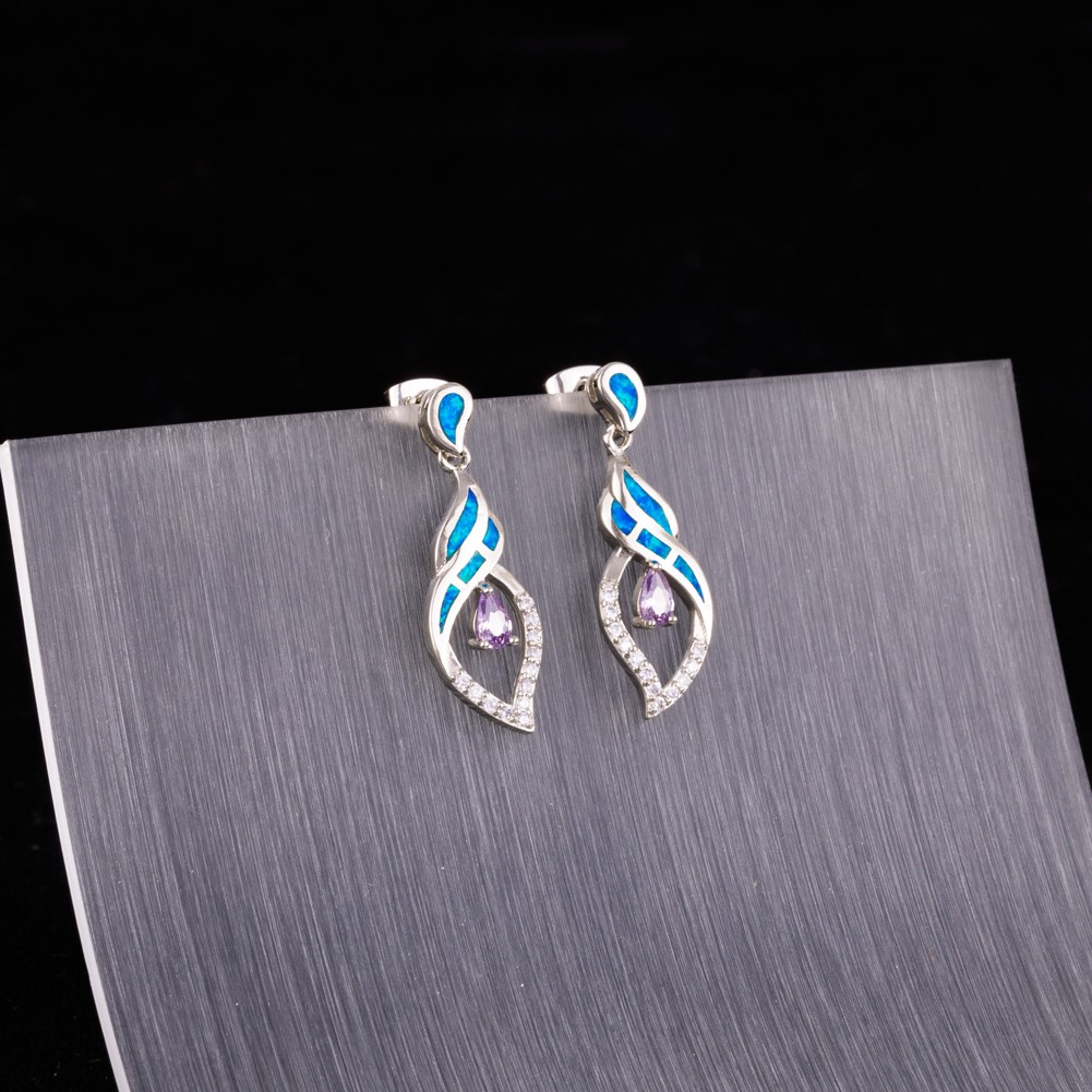 3×5 Pear Simulated Amethyst Blue Fire Opal Silver Jewelry Drop Pierced Earrings