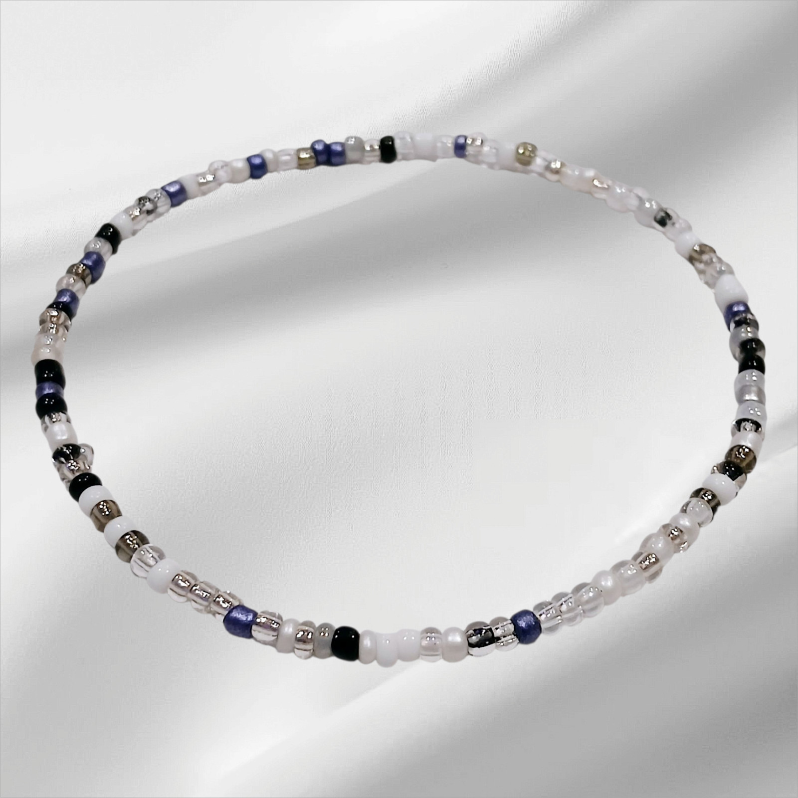 2x BLACK BLUE GREY CLEAR MULTI SEED BEAD STRETCH ANKLET – 24CM