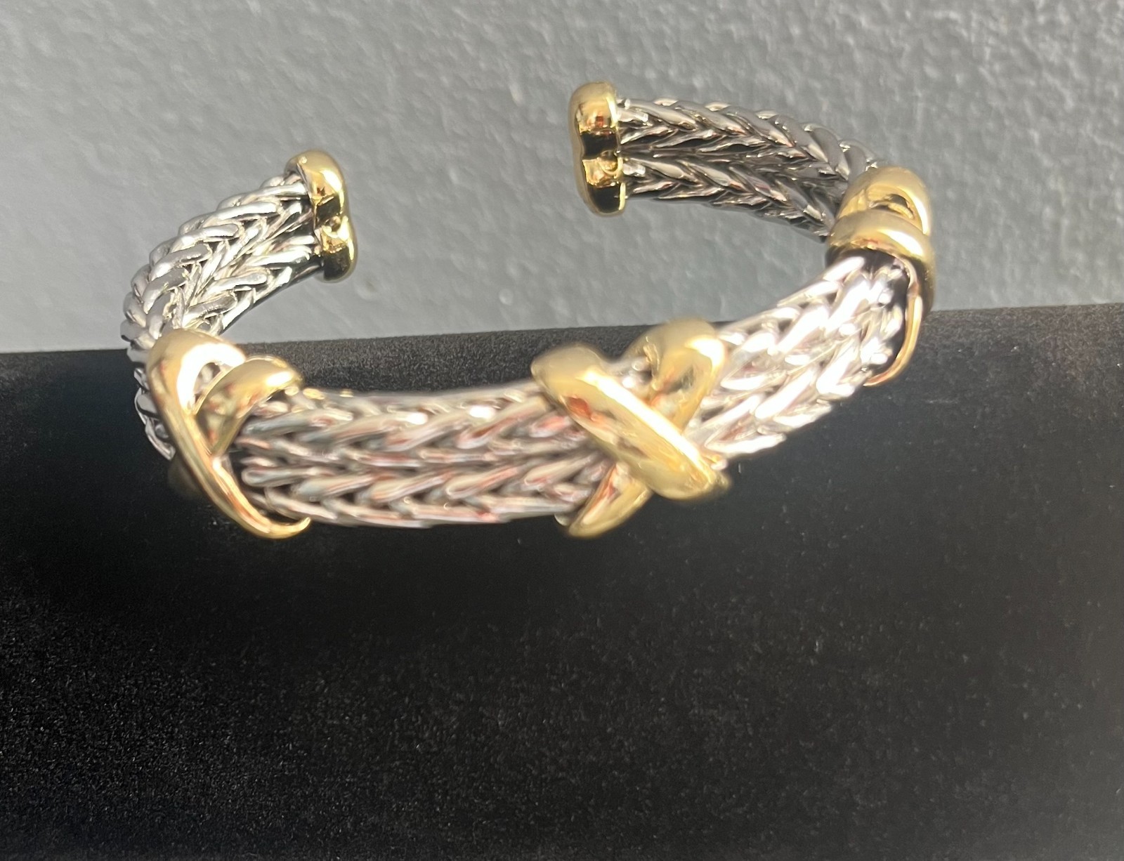 Heavy Two-Tone Braided Wheat Chain Cuff Bracelet X Motif Classic Fashion Bangle