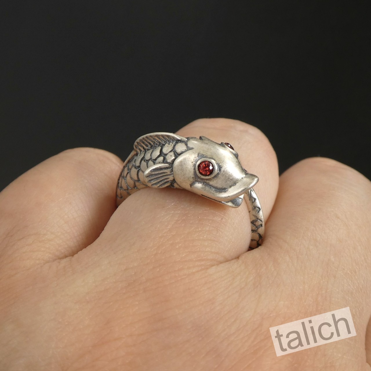 Antiqued 925 Sterling Silver Lucky Koi Fish Ring Red CZ Eyes Adjustable Unique
