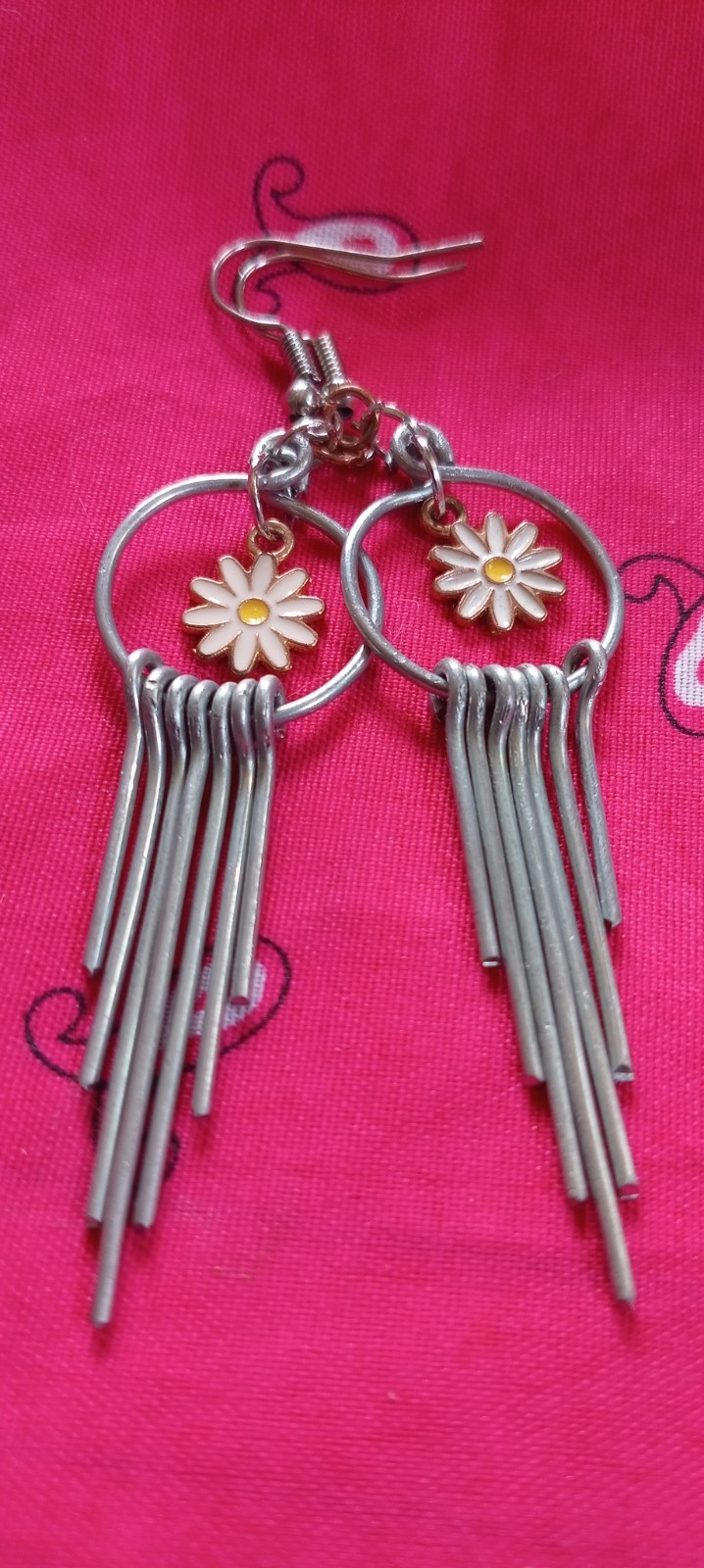 Silver & White Daisy Flower Round Metal Dangle/Drop Hook Earrings