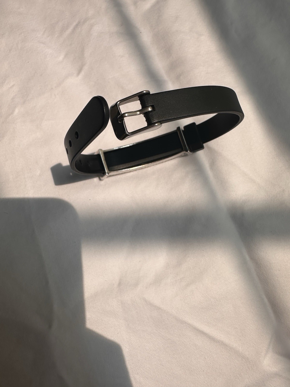 Black Faux Leather Buckle Bangle Bracelet Rectangular Pavé Crystal Panel