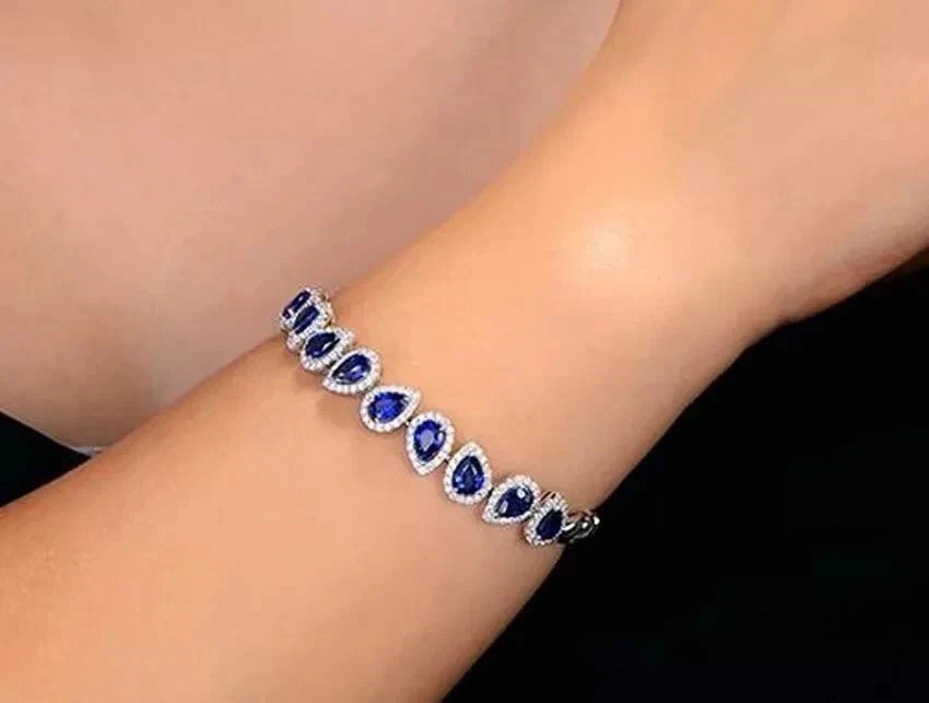 10Ct Pear Cut Lab-Created Blue Tennis Bracelet 14K White Gold Plated